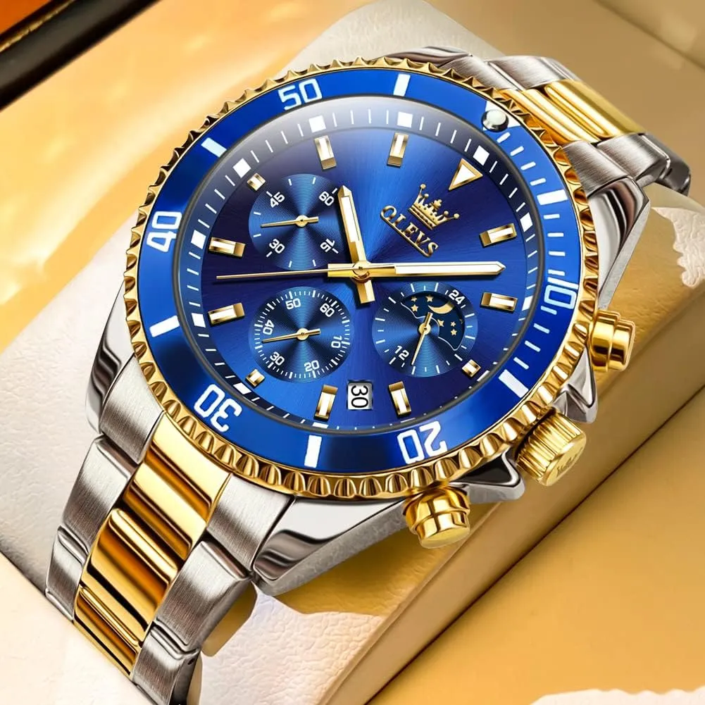 OLEVS Mens Watches Chronograph Luxury Dress Moon Phase Quartz Stainless Steel Waterproof Luminous Business Calendar Wrist Watch