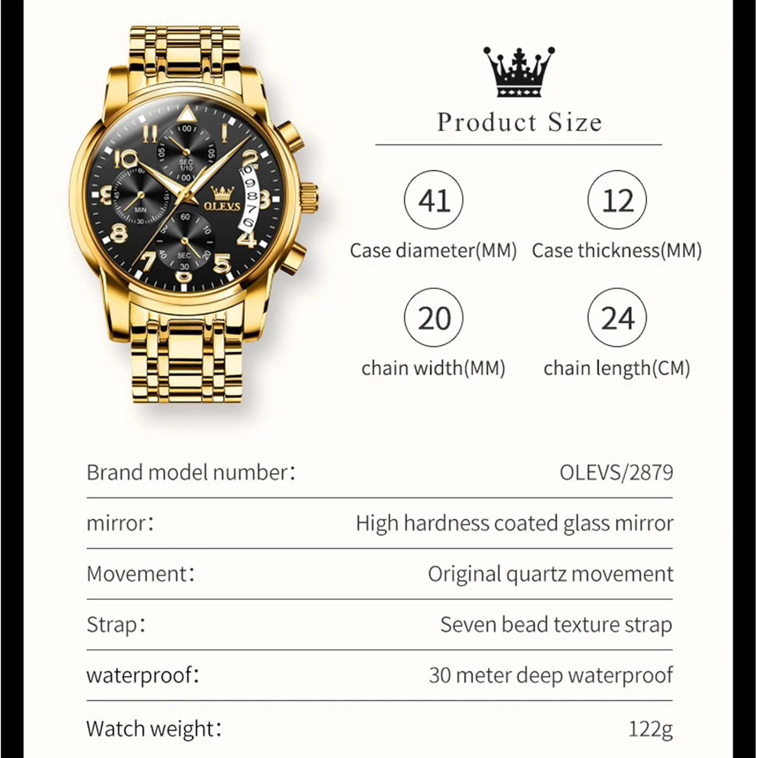 OLEVS Mens Watches Waterproof Stainless Steel Adjustable Bracelet Watch Quartz Analog Watch for Men Fashion Business Classic Mens's Wrist watch's Casual Watches Gold/Blue/Black/White/Face/Dial