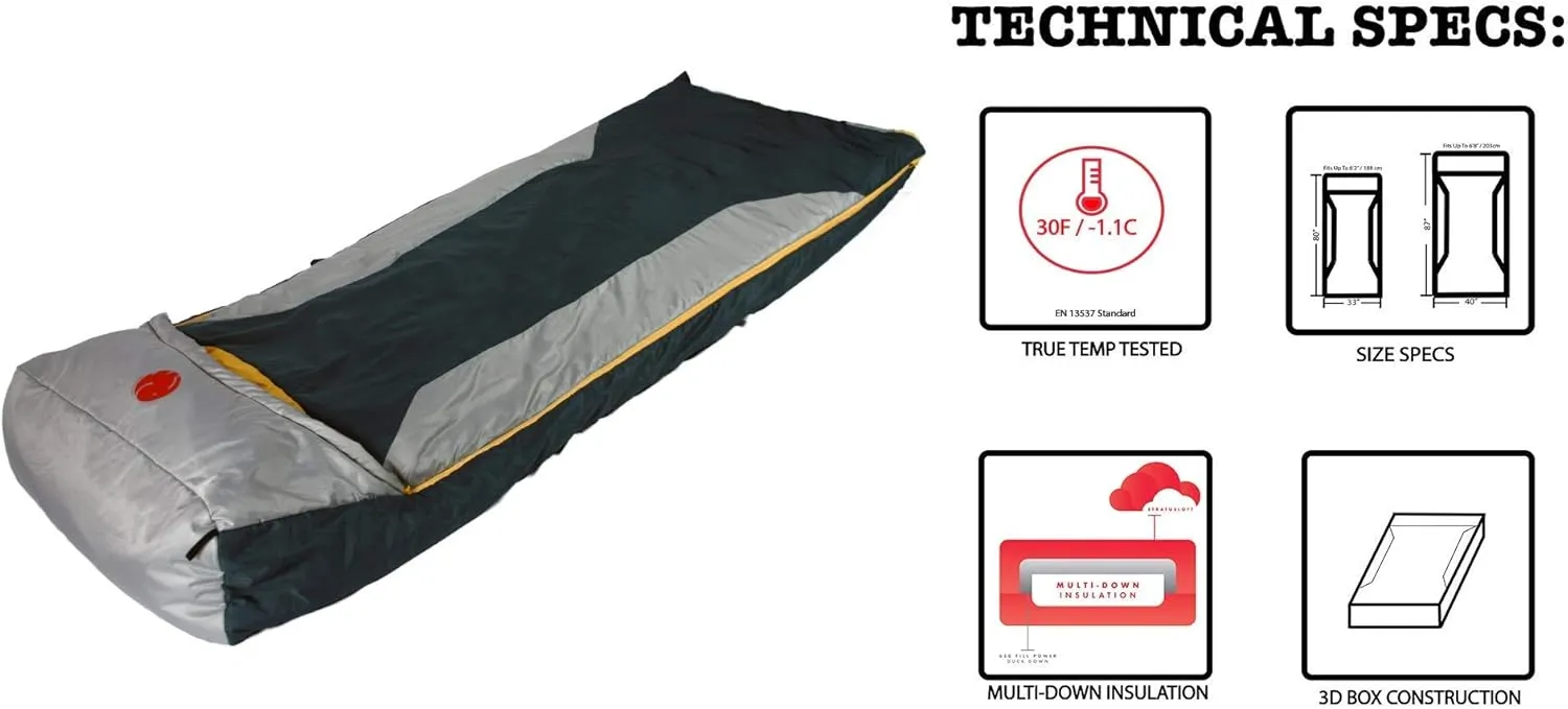 OmniCore Designs Multi Down Hooded Rectangular Sleeping Bag (-10F to 30F) with 4pt. Compression Stuff Sack