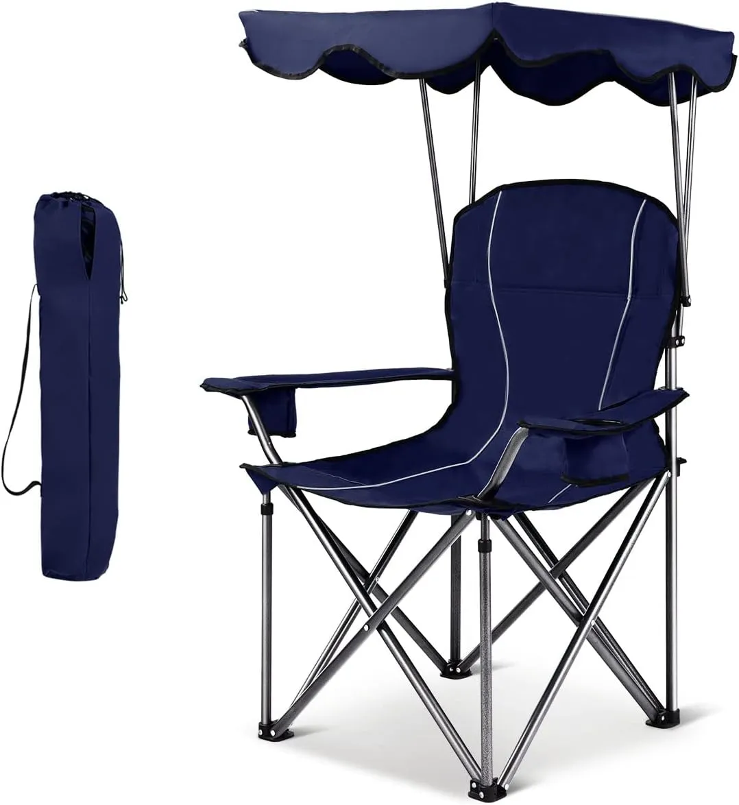 ORALNER Folding Beach Chair with Canopy Shade, Comfy Oversized Lawn Chair with Sunshade, 2 Cup Holders & Carrying Bag, Portable Camping Chair for Outdoor Sport Patio Pool Fishing (Blue)