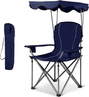 ORALNER Folding Beach Chair with Canopy Shade, Comfy Oversized Lawn Chair with Sunshade, 2 Cup Holders & Carrying Bag, Portable Camping Chair for Outdoor Sport Patio Pool Fishing (Blue)