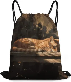Orange Cat Sleeping Drawstring Bag for Women Men Sports Gym Bag Lightweight Waterproof String Bag Cinch Bag