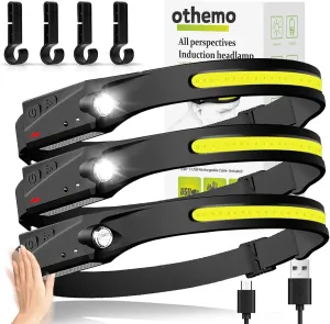 Othemo230 LED Headlamp, 230° Wide Beam Head Lamp, Motion Sensor LED Headlamp Rechargeable, 5Mode Headlamps for Adults, Bright Head Lights for Forehead, Hard Hat Headlight, Camping Essentials Gear 3Pcs