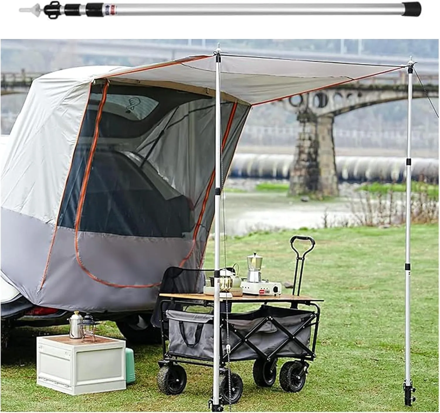 Outdoor Aluminum Alloy Tent Pole Adjustable Length, 3 Sections Telescoping Tarp Pole with Silicone Feet Cover, Portable Awning Pole for Family Camping(Pack of 1)