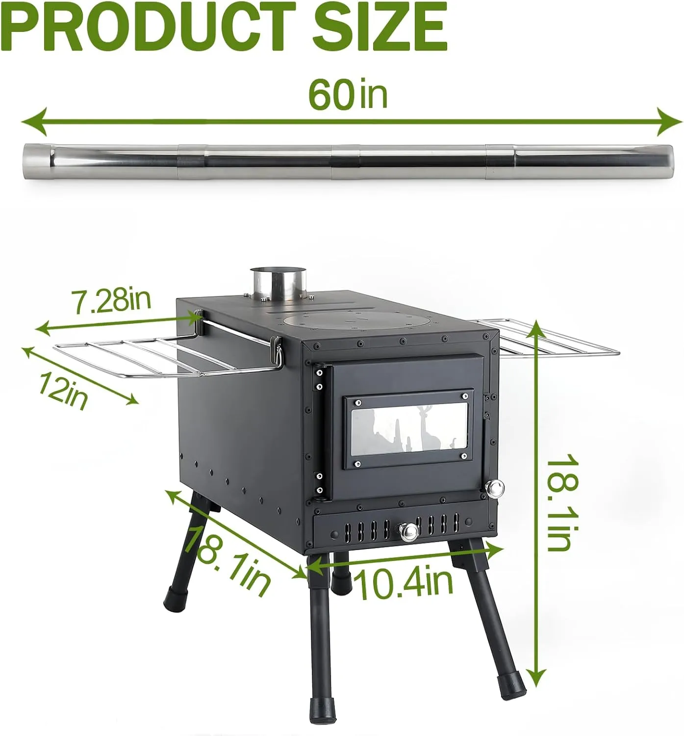 Outdoor Camping Stove, Portable Wood Burning Stove with Chimney Pipe for Tent, Shelter, Heating and Cooking