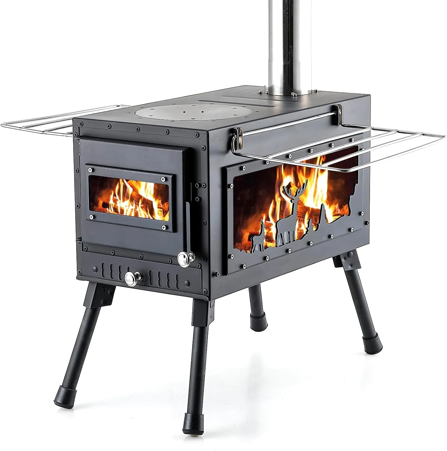 Outdoor Camping Stove, Portable Wood Burning Stove with Chimney Pipe for Tent, Shelter, Heating and Cooking