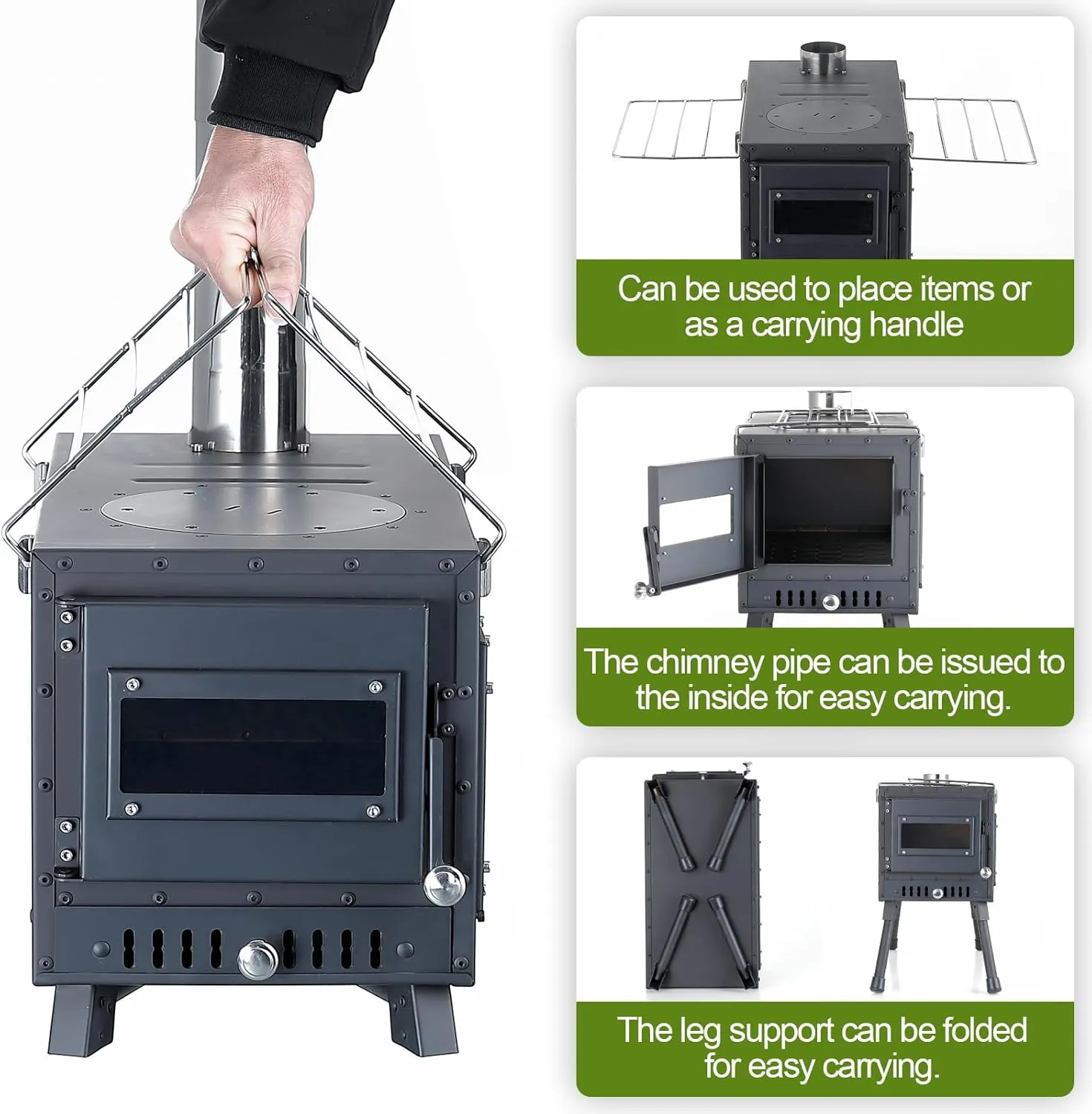 Outdoor Camping Stove, Portable Wood Burning Stove with Chimney Pipe for Tent, Shelter, Heating and Cooking
