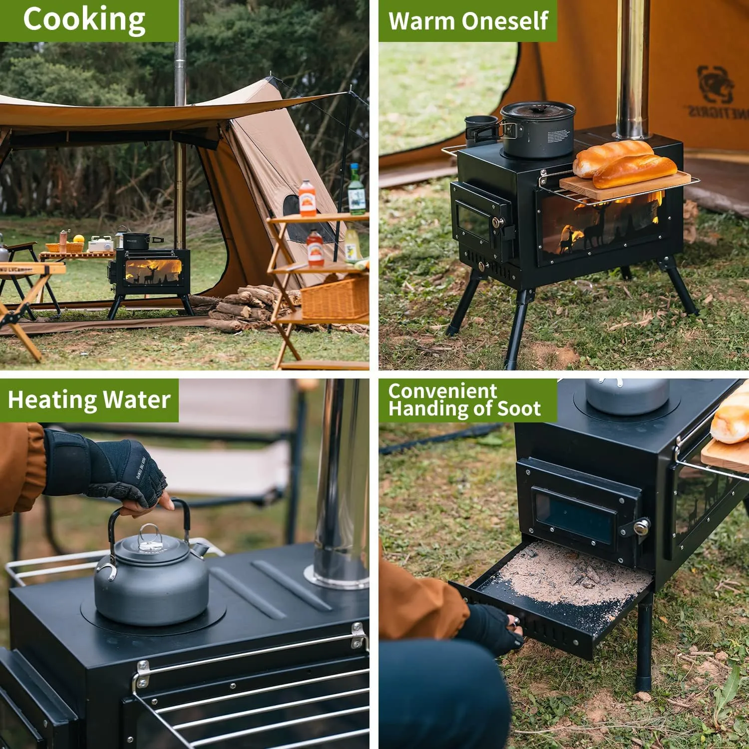 Outdoor Camping Stove, Portable Wood Burning Stove with Chimney Pipe for Tent, Shelter, Heating and Cooking