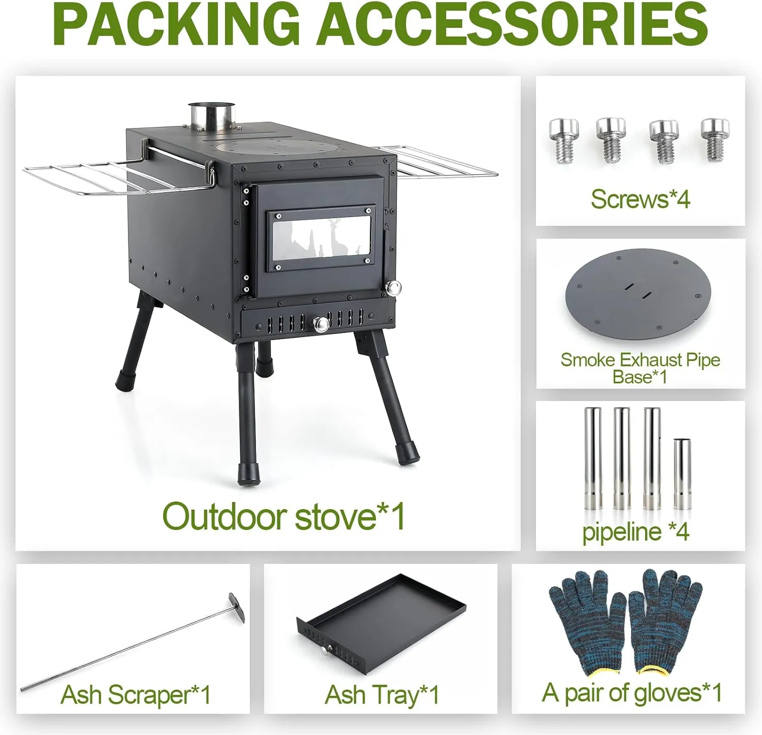 Outdoor Camping Stove, Portable Wood Burning Stove with Chimney Pipe for Tent, Shelter, Heating and Cooking