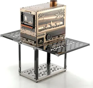 Outdoor Camping Tent Stove with Oven, Portable Wood Burning Stove with Chimney Pipe for Tent, Shelter, Camping Heating and Cooking, Perfect Storage with the Base Stand (Golden)