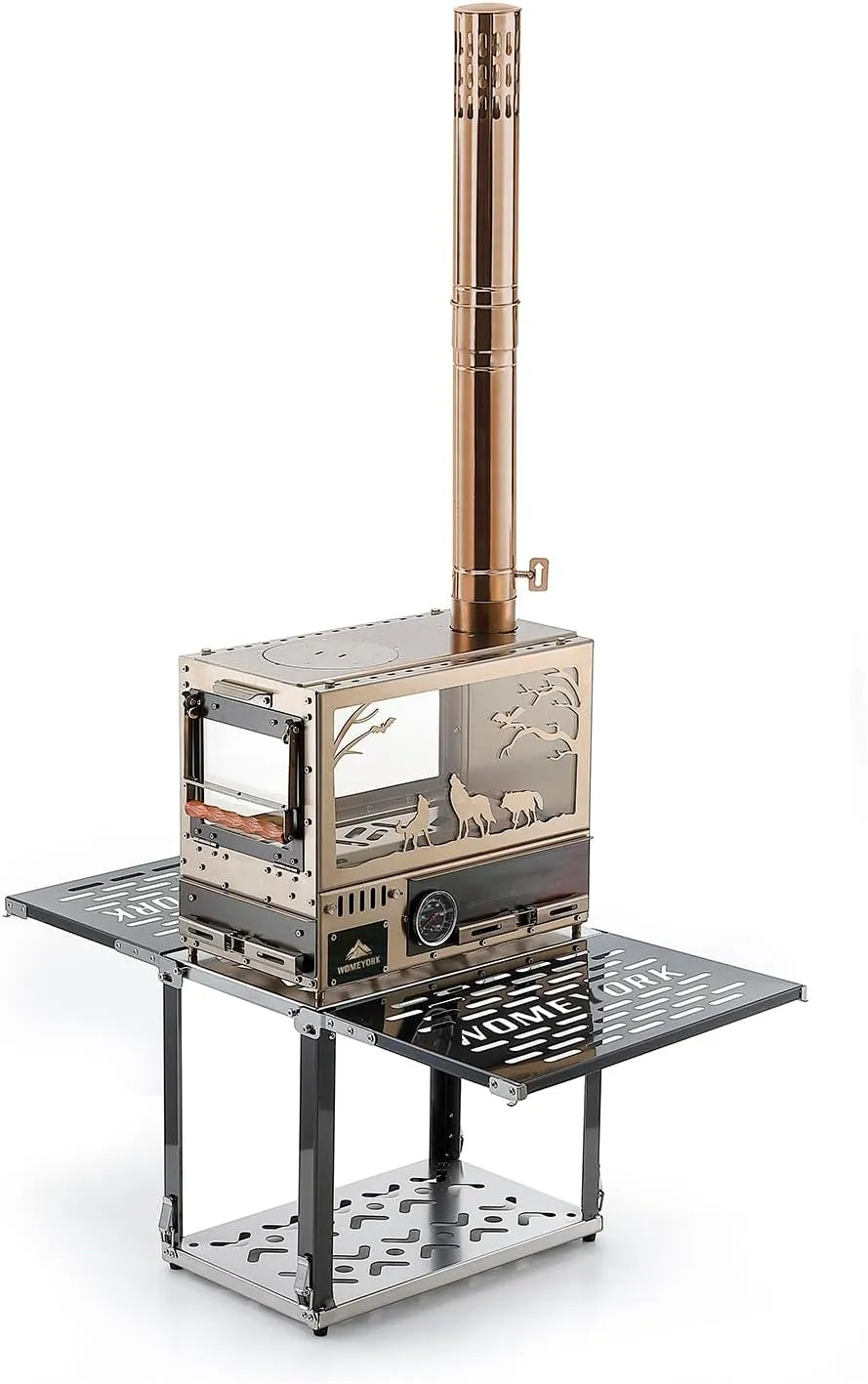 Outdoor Camping Tent Stove with Oven, Portable Wood Burning Stove with Chimney Pipe for Tent, Shelter, Camping Heating and Cooking, Perfect Storage with the Base Stand (Golden)