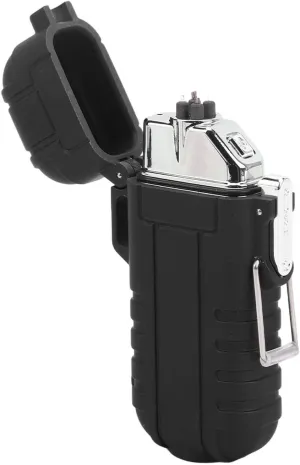 Outdoor Double Arc Electric Lighter, Portable Waterproof Flashlight Lighter Charging Pulse Windproof Lighter for Camping, Traveling and Hiking (Black)