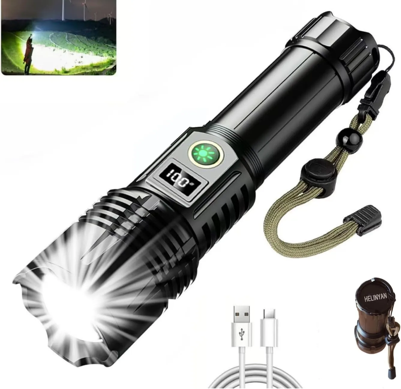 Outdoor High Lumens Flashlight,Super Bright Long-Range Lighting, Type-C Charging Zoomable Intelligent Display Waterproof LED Lamp for Camping,Hiking,Fishing and Christmas Gift