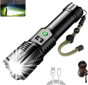 Outdoor High Lumens Flashlight,Super Bright Long-Range Lighting, Type-C Charging Zoomable Intelligent Display Waterproof LED Lamp for Camping,Hiking,Fishing and Christmas Gift