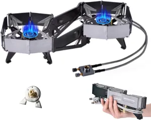 Outdoor portable stove - Camping Stove 2 Cooktop Foldable Windproof Heavy Duty Propane Stove with Storage Bag Adjustable