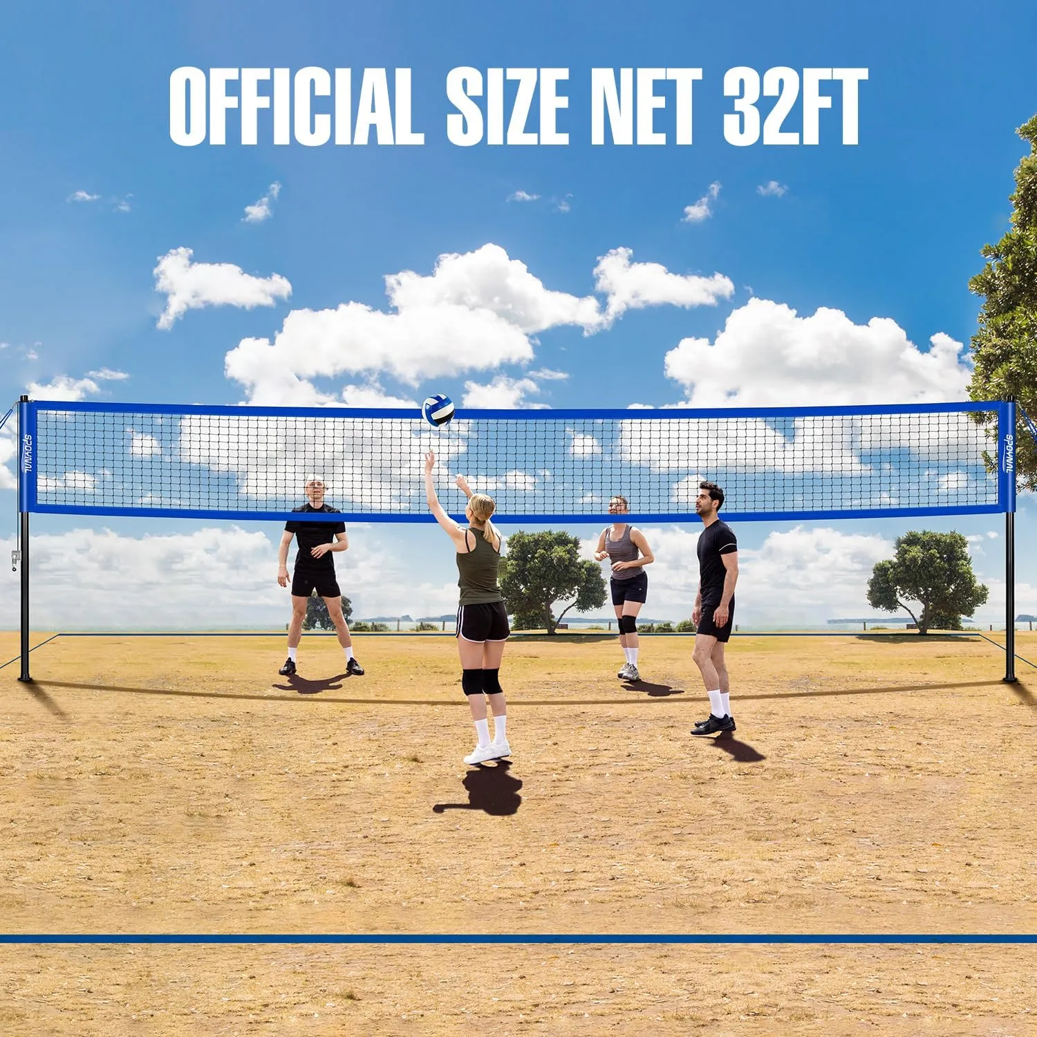 Outdoor Portable Volleyball Net Set with Adjustable Height Steel Poles, Volleyball, Anti-sag Winch System, Pump, Boundary Line, and Carry Bag for Backyard, Beach, Lawn