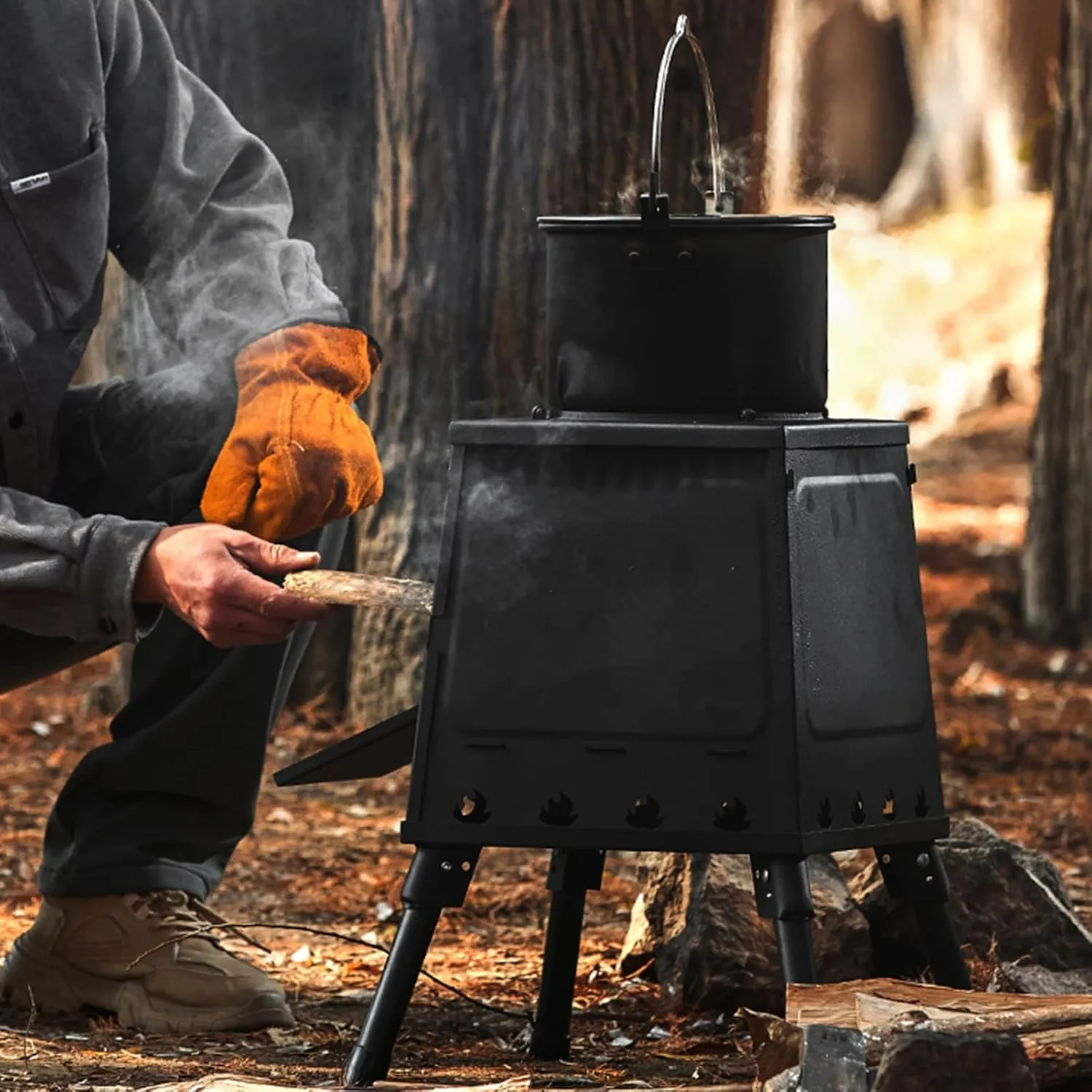 Outdoor Small Wood stoves, Foldable Ultralight Wood Burning Stove, Portable Backpacking Tent Camping Stove Black, for Camping Heating and Cooking (Battery *1 : 22CM)