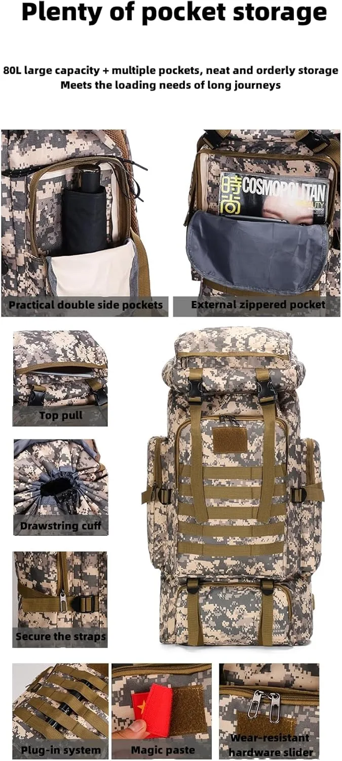 Outdoor Sports Hiking Backpack 80L Large Capacity Waterproof Camouflage Mountaineering Bag Casual Tactical Backpack (black)