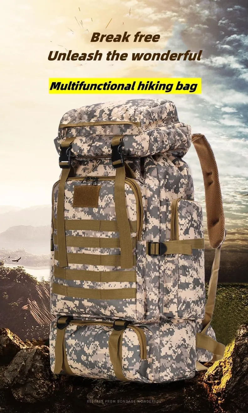 Outdoor Sports Hiking Backpack 80L Large Capacity Waterproof Camouflage Mountaineering Bag Casual Tactical Backpack (black)