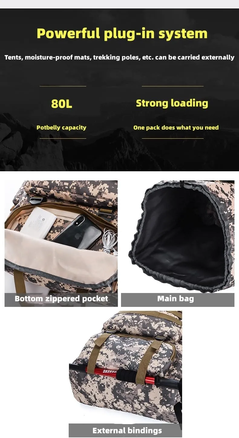 Outdoor Sports Hiking Backpack 80L Large Capacity Waterproof Camouflage Mountaineering Bag Casual Tactical Backpack (black)