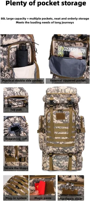 Outdoor Sports Hiking Backpack 80L Large Capacity Waterproof Camouflage Mountaineering Bag Casual Tactical Backpack (black)