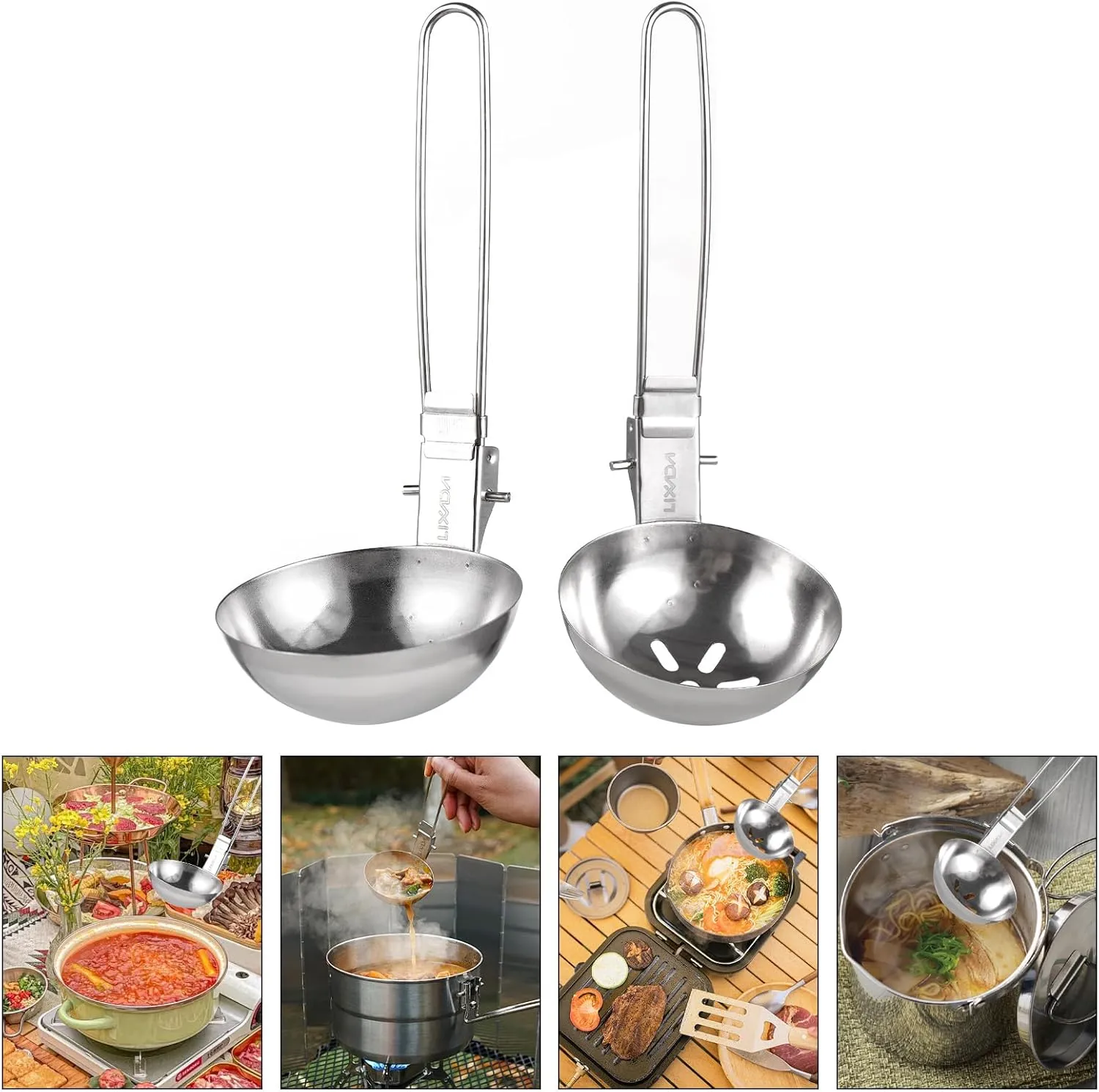 Outdoors Folding Chef Spatula and Spoon,2Pcs Portable Stainless Steel Outdoor Tableware Camping Folding Spoon Soup Ladle Long Handle Serving Utensil