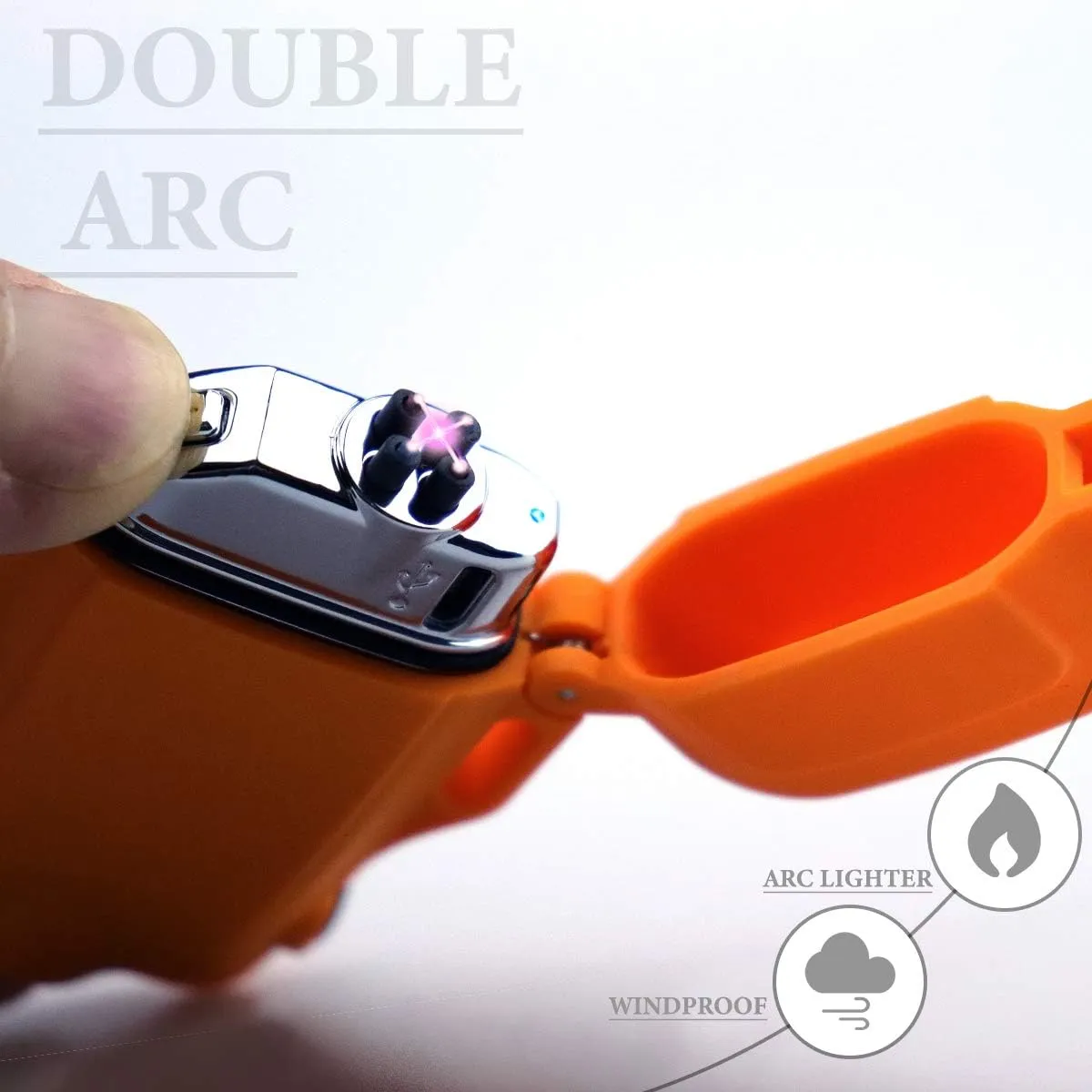 Outdoors Waterproof Lighter with LED Flashlight USB Rechargeable Electric Lighter Double Arc Plasma Lighter Perfect for Outdoors Camping Hiking Traveling BBQ (Orange)