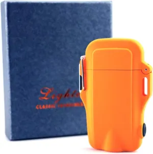 Outdoors Waterproof Lighter with LED Flashlight USB Rechargeable Electric Lighter Double Arc Plasma Lighter Perfect for Outdoors Camping Hiking Traveling BBQ (Orange)