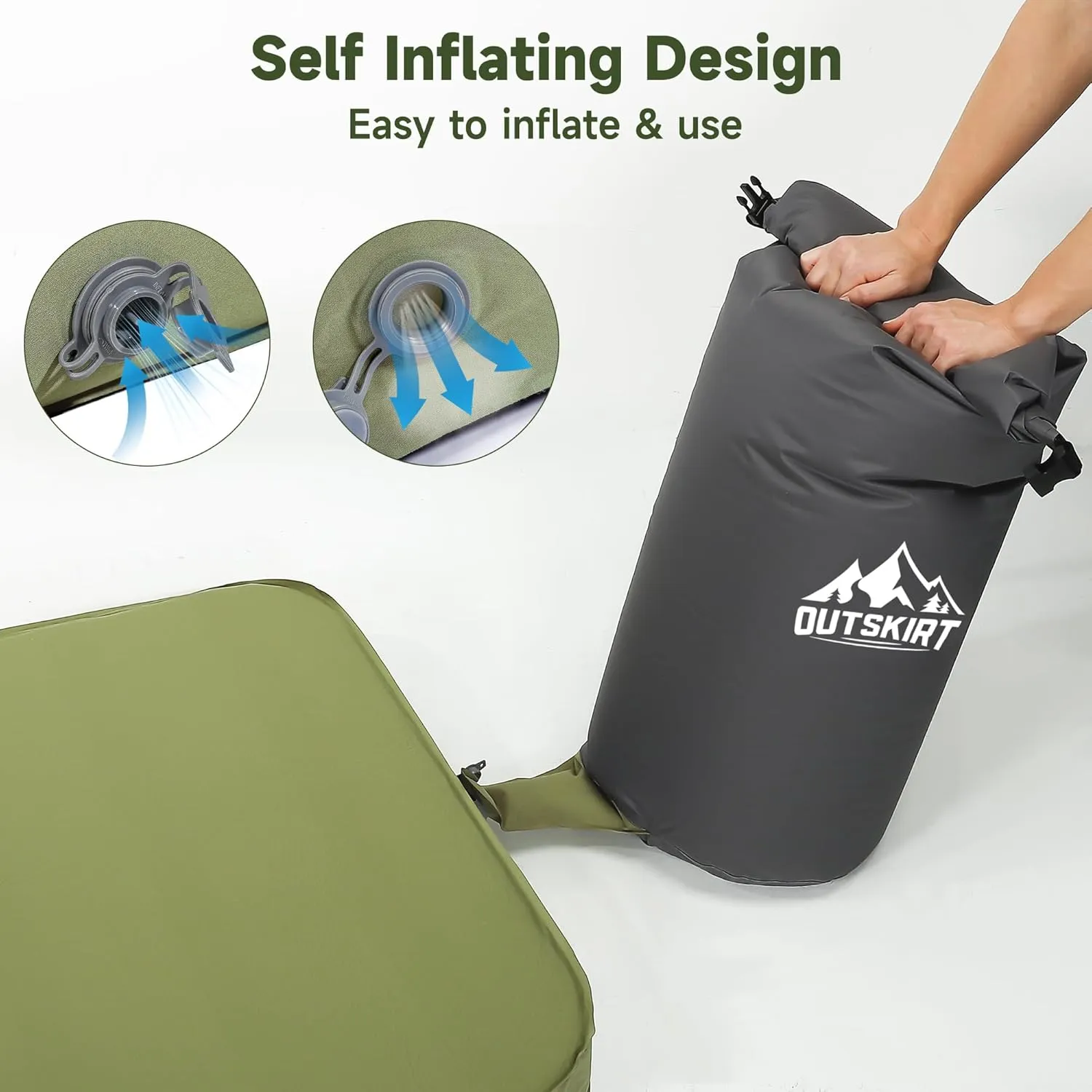 OUTSKIRT Camping Mattress, Self Inflating Sleeping Pad with Pump Sack, Foam Camping Pad for Sleeping, 4” Thickness Sleeping Mat for Camp/Travel/Car/Tent, 4 Season Camp Air Mattress