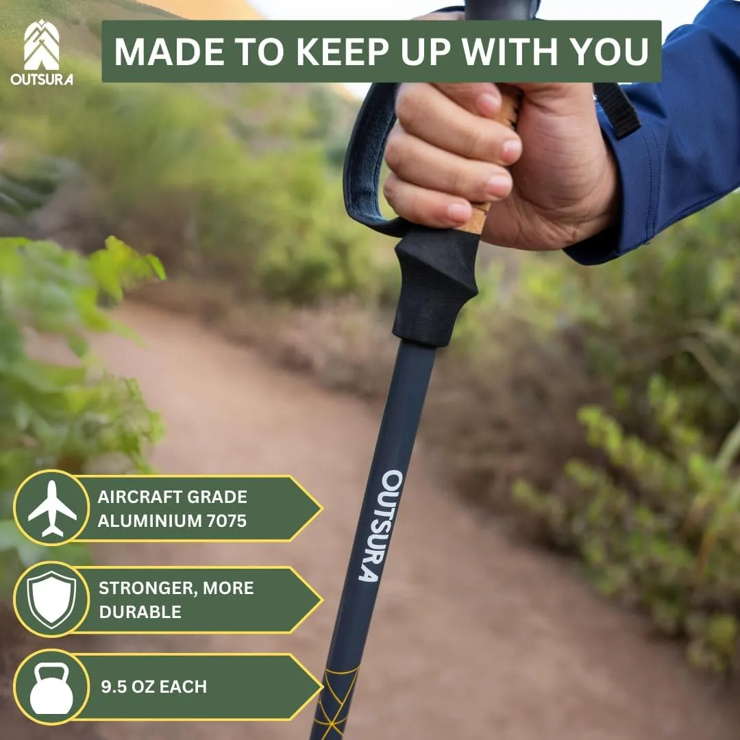 Outsura Trekking Poles for Hiking - Lightweight Collapsible Aircraft-Grade Aluminum Hiking Poles with Cork Grip & Quick Lock - Pair of 2 Walking Sticks with All Terrain Accessories