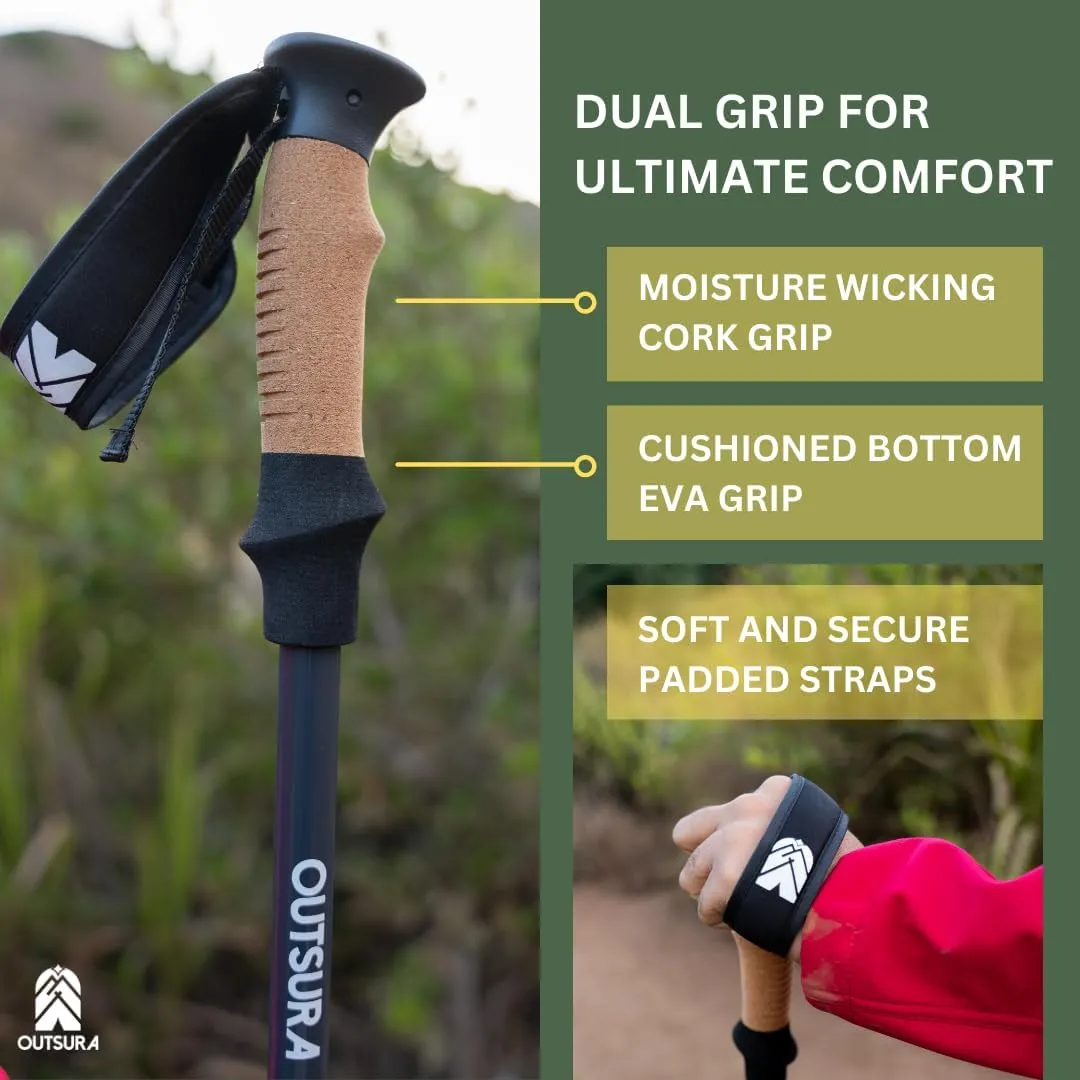 Outsura Trekking Poles for Hiking - Lightweight Collapsible Aircraft-Grade Aluminum Hiking Poles with Cork Grip & Quick Lock - Pair of 2 Walking Sticks with All Terrain Accessories