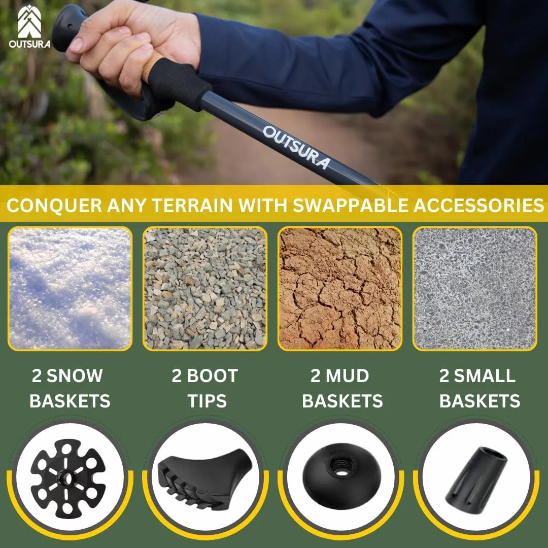 Outsura Trekking Poles for Hiking - Lightweight Collapsible Aircraft-Grade Aluminum Hiking Poles with Cork Grip & Quick Lock - Pair of 2 Walking Sticks with All Terrain Accessories