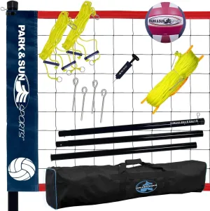Park & Sun Spiker Sport Portable Outdoor Volleyball Net System – Blue Net, Regulation Size 32' L x 3' H, Adjustable Height, Lightweight, Includes Carrying Bag for Backyard and Beach Play