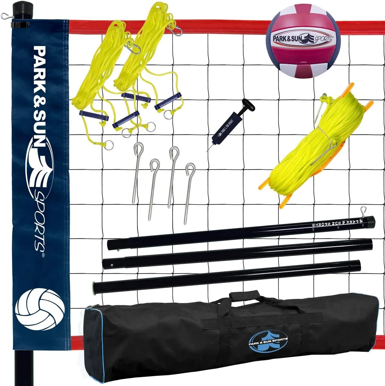 Park & Sun Spiker Sport Portable Outdoor Volleyball Net System – Blue Net, Regulation Size 32' L x 3' H, Adjustable Height, Lightweight, Includes Carrying Bag for Backyard and Beach Play
