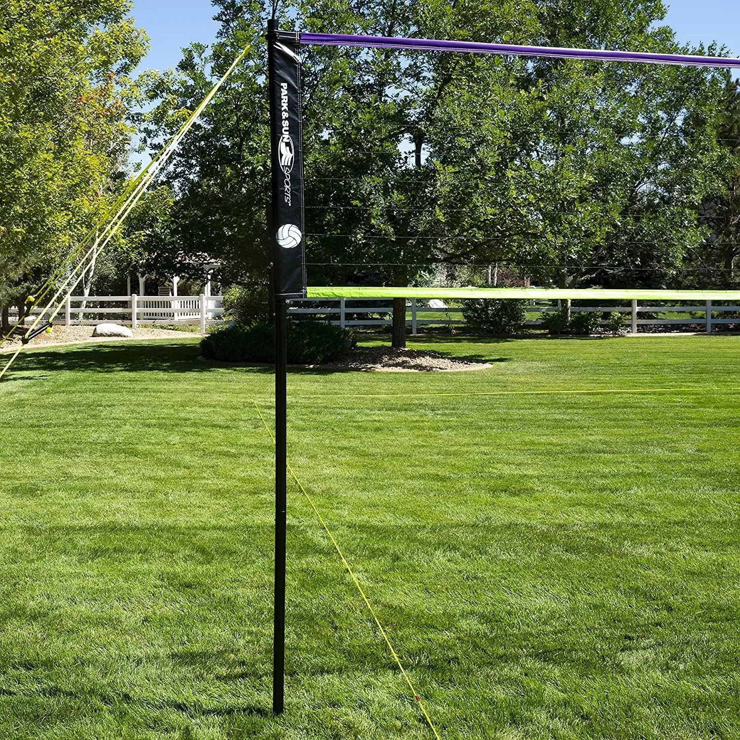 Park & Sun Spiker Sport Portable Outdoor Volleyball Net System – Blue Net, Regulation Size 32' L x 3' H, Adjustable Height, Lightweight, Includes Carrying Bag for Backyard and Beach Play