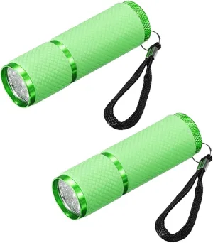 PATIKIL 9 LED Glow in Dark Flashlights, 2 Pcs Mini Aluminum Flashlight Rubber Coated Flashlight with Strap for Camping, Hiking, Party, Green