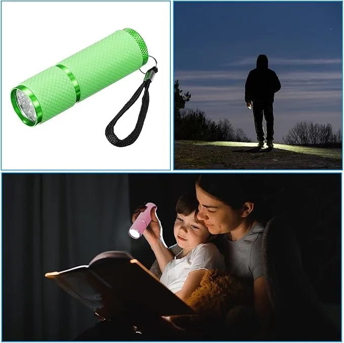 PATIKIL 9 LED Glow in Dark Flashlights, 2 Pcs Mini Aluminum Flashlight Rubber Coated Flashlight with Strap for Camping, Hiking, Party, Green
