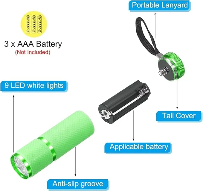 PATIKIL 9 LED Glow in Dark Flashlights, 2 Pcs Mini Aluminum Flashlight Rubber Coated Flashlight with Strap for Camping, Hiking, Party, Green