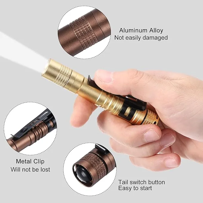 PATIKIL Mini Flashlight with Clip, Super Light Small LED Pen Flashlights Aluminum White Light Torch Battery Powered for Camping Hiking, Brown