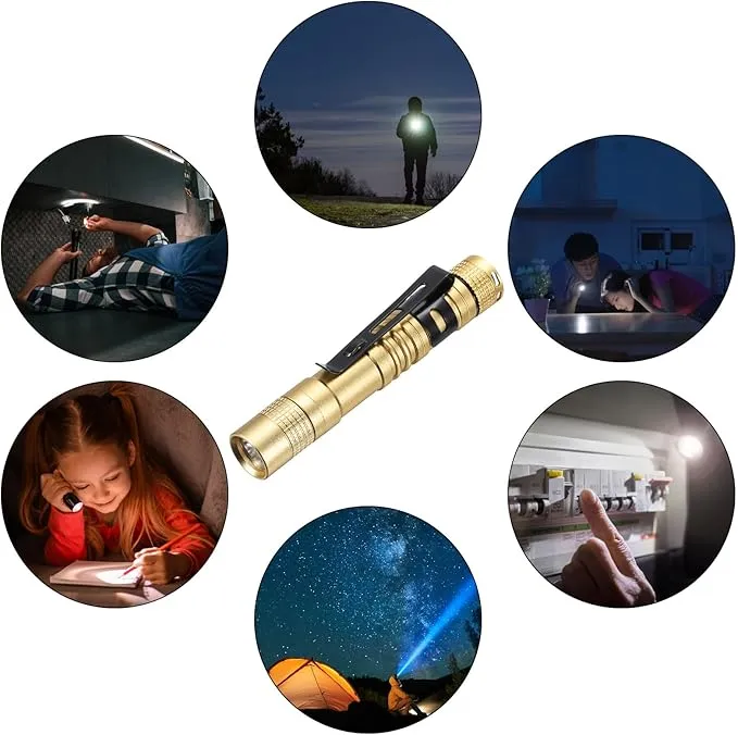 PATIKIL Mini Flashlight with Clip, Super Light Small LED Pen Flashlights Aluminum White Light Torch Battery Powered for Camping Hiking, Golden