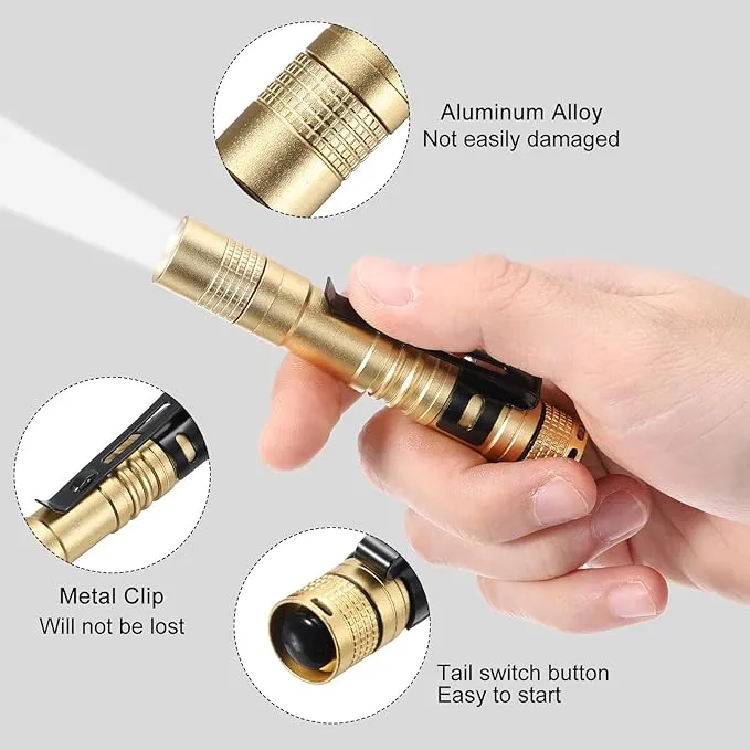 PATIKIL Mini Flashlight with Clip, Super Light Small LED Pen Flashlights Aluminum White Light Torch Battery Powered for Camping Hiking, Golden