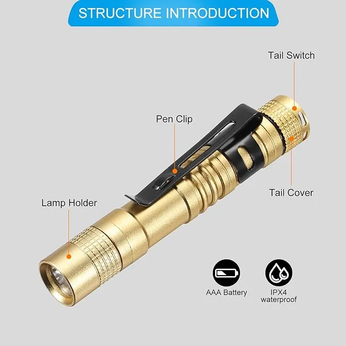 PATIKIL Mini Flashlight with Clip, Super Light Small LED Pen Flashlights Aluminum White Light Torch Battery Powered for Camping Hiking, Golden