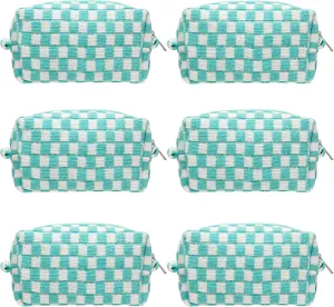 PAZIMIIK Checkered Makeup Bag for Purse Portable Zipper Make Up Pouch Small Cosmetic Case for Travel Accessories (6PCS Arctic Blue)