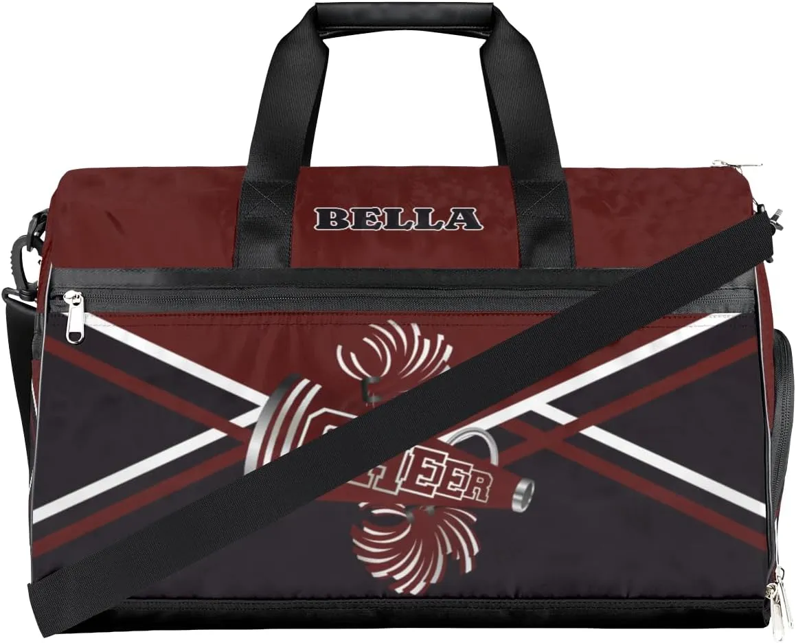 Personalized Cheerleader Bag Dance Bag for Girl Woman, Custom Gym Bag Sport Duffel Bag with Shoes Compartment Cheerleader Dark Red