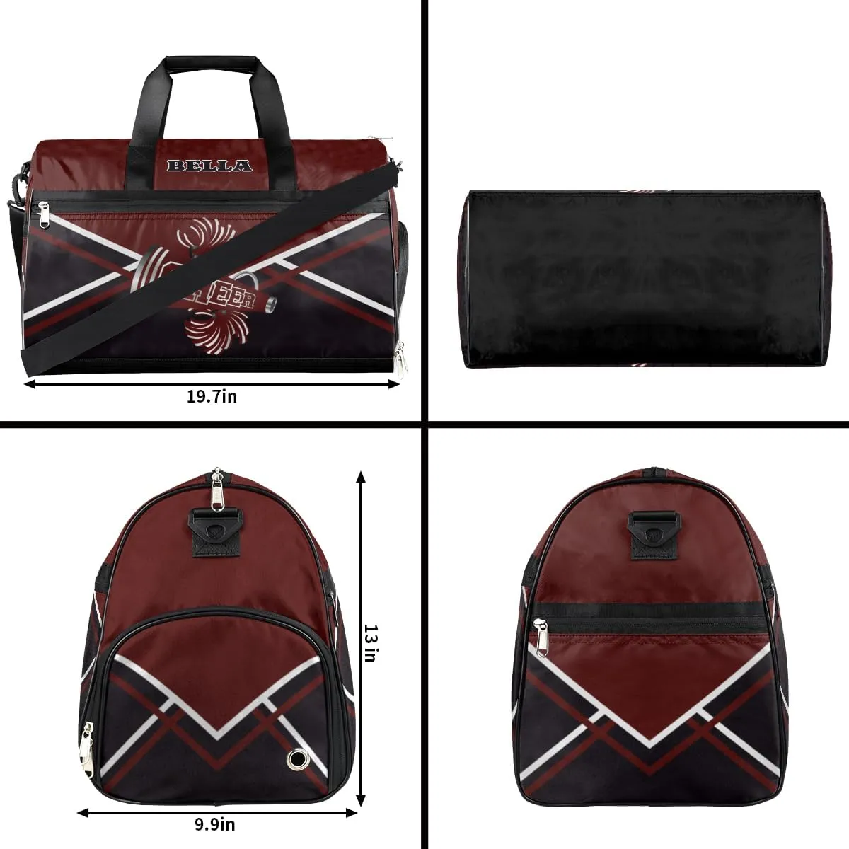 Personalized Cheerleader Bag Dance Bag for Girl Woman, Custom Gym Bag Sport Duffel Bag with Shoes Compartment Cheerleader Dark Red