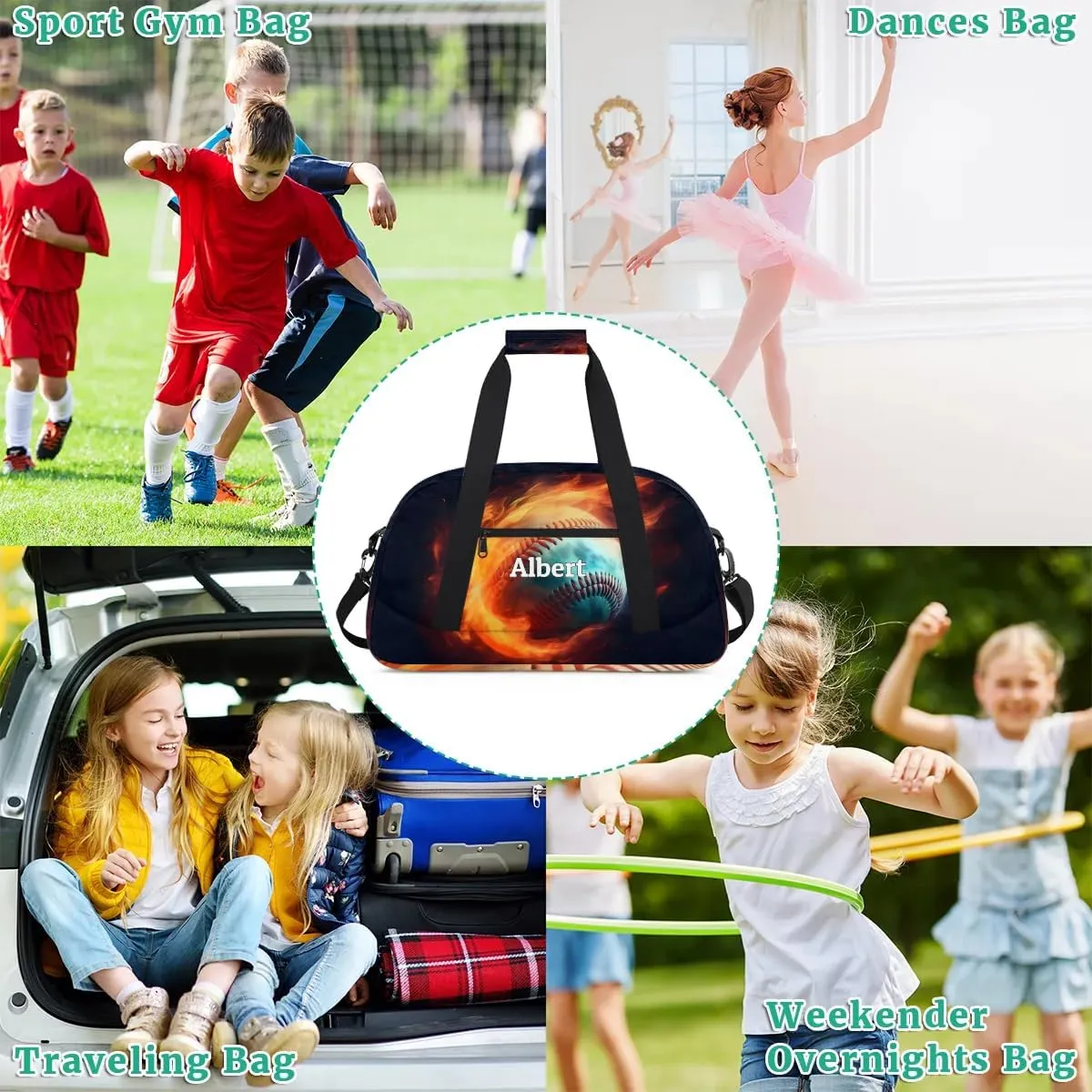 Personalized Kids Sports Duffel Bag with Name Custom Weekender Overnight Bag for Boys Girls Gym Bag Travel Dance Gymnastics Duffel Bag, Cool Baseball Sports