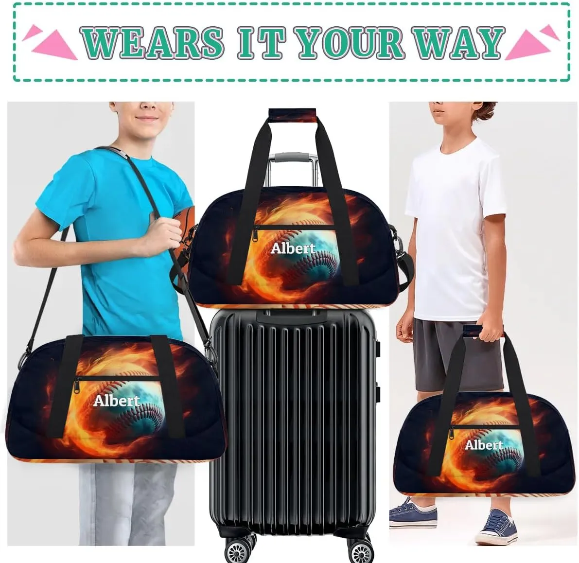 Personalized Kids Sports Duffel Bag with Name Custom Weekender Overnight Bag for Boys Girls Gym Bag Travel Dance Gymnastics Duffel Bag, Cool Baseball Sports
