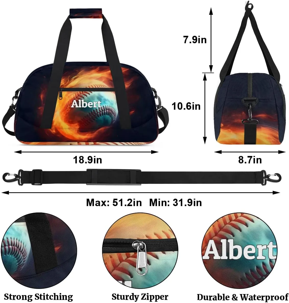 Personalized Kids Sports Duffel Bag with Name Custom Weekender Overnight Bag for Boys Girls Gym Bag Travel Dance Gymnastics Duffel Bag, Cool Baseball Sports