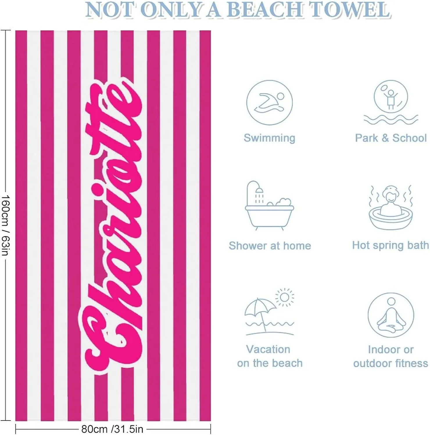 Personalized Striped Beach Towels for Toddler Girl Boys Gift Custom Neon and White Names Pool Towel Designer Fast Drying Monogrammed Cabana Beach Towels for Toddler Boy Bathroom