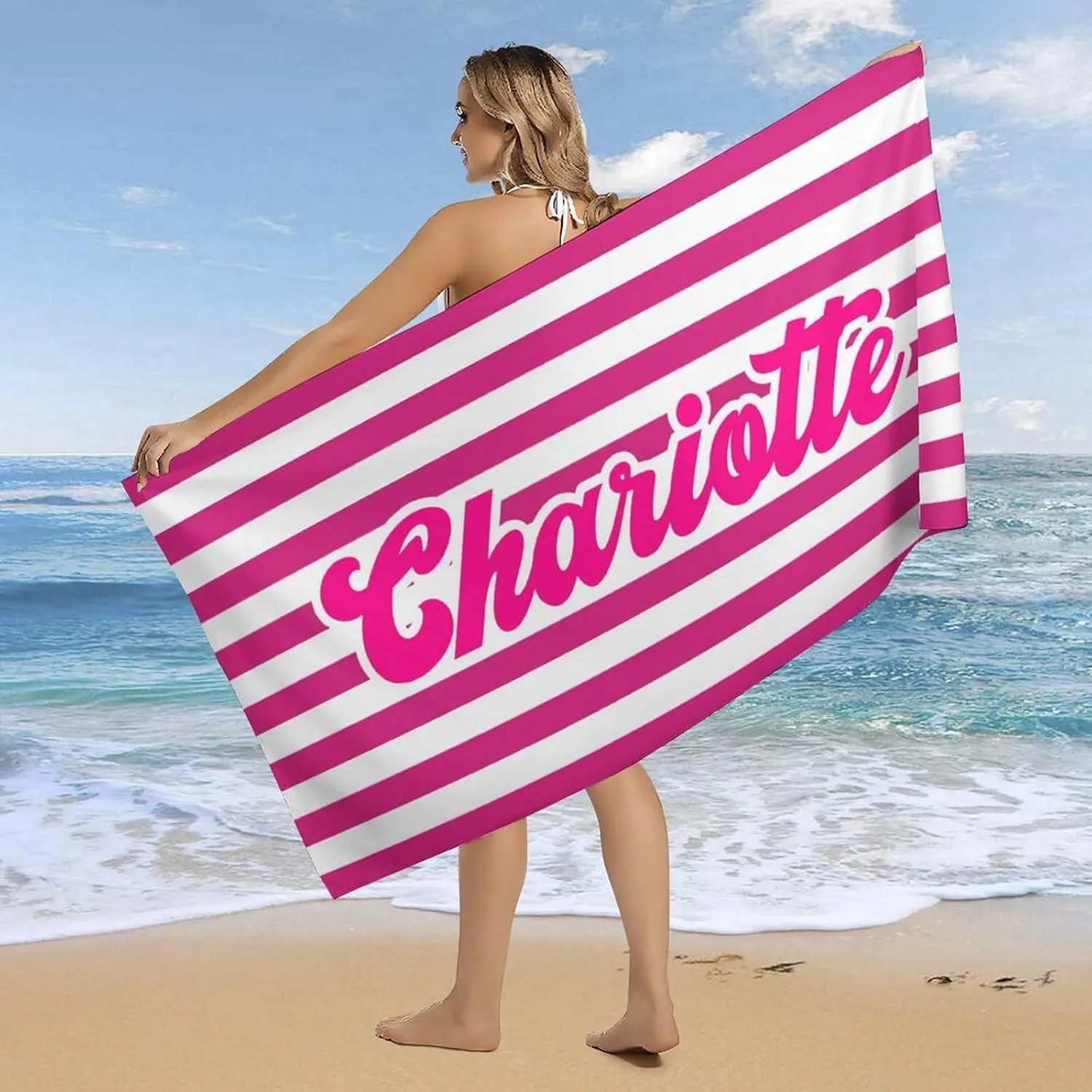 Personalized Striped Beach Towels for Toddler Girl Boys Gift Custom Neon and White Names Pool Towel Designer Fast Drying Monogrammed Cabana Beach Towels for Toddler Boy Bathroom